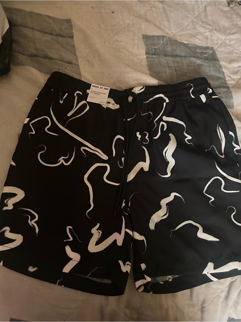 Black Swim Board Shorts with White Abstract Print